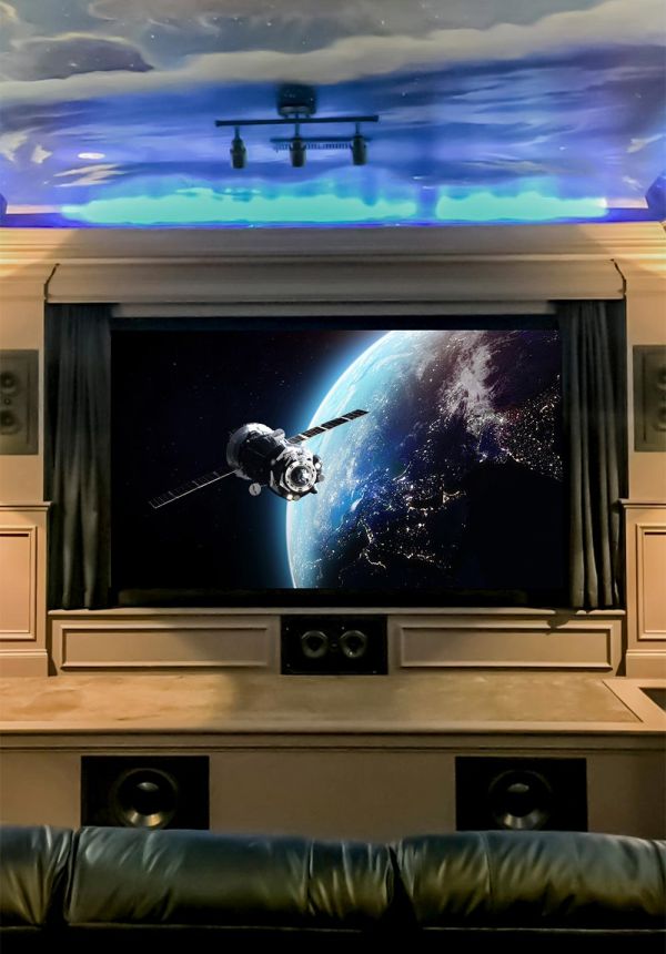 Home theater with painted sky ceiling and large screen